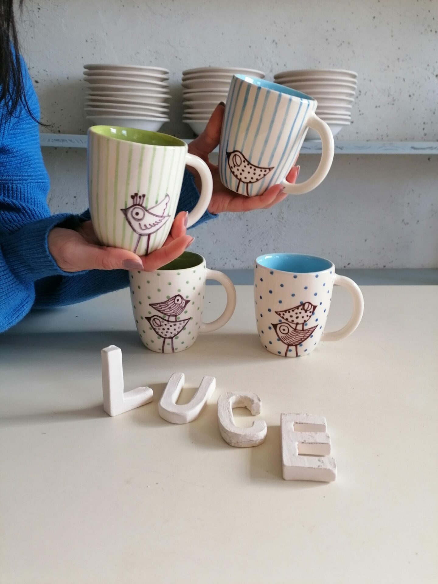 TAZZE DA CAPPUCCINO VERDI e CELESTI h9cm set 4 pezzi - immagine 5