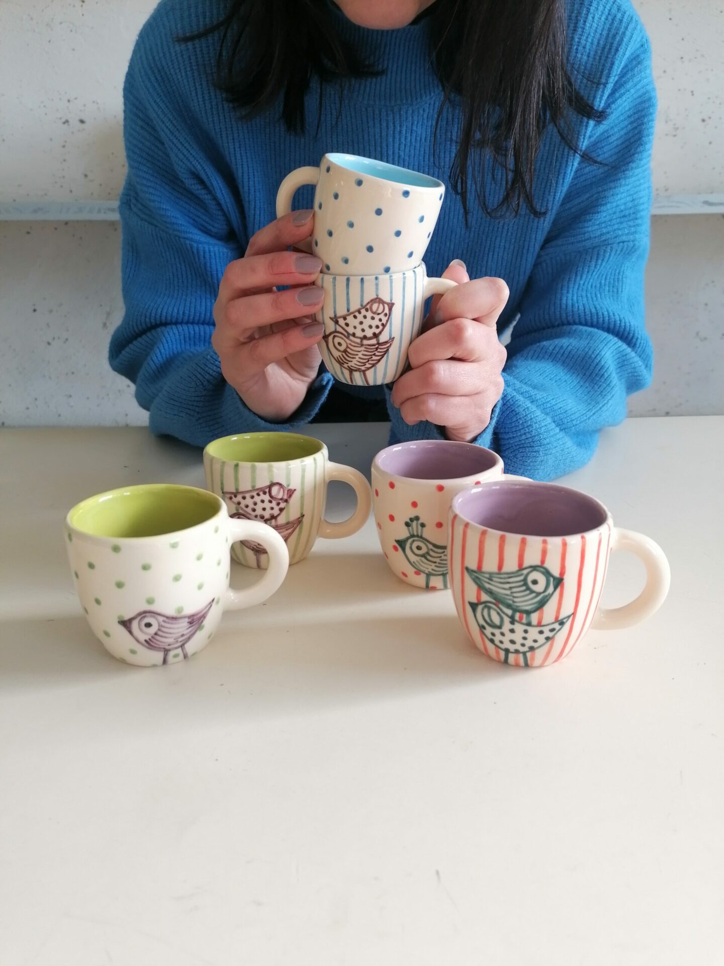 SET 6 TAZZINE CAFFÈ VERDI CELESTI e LILLA h6cm